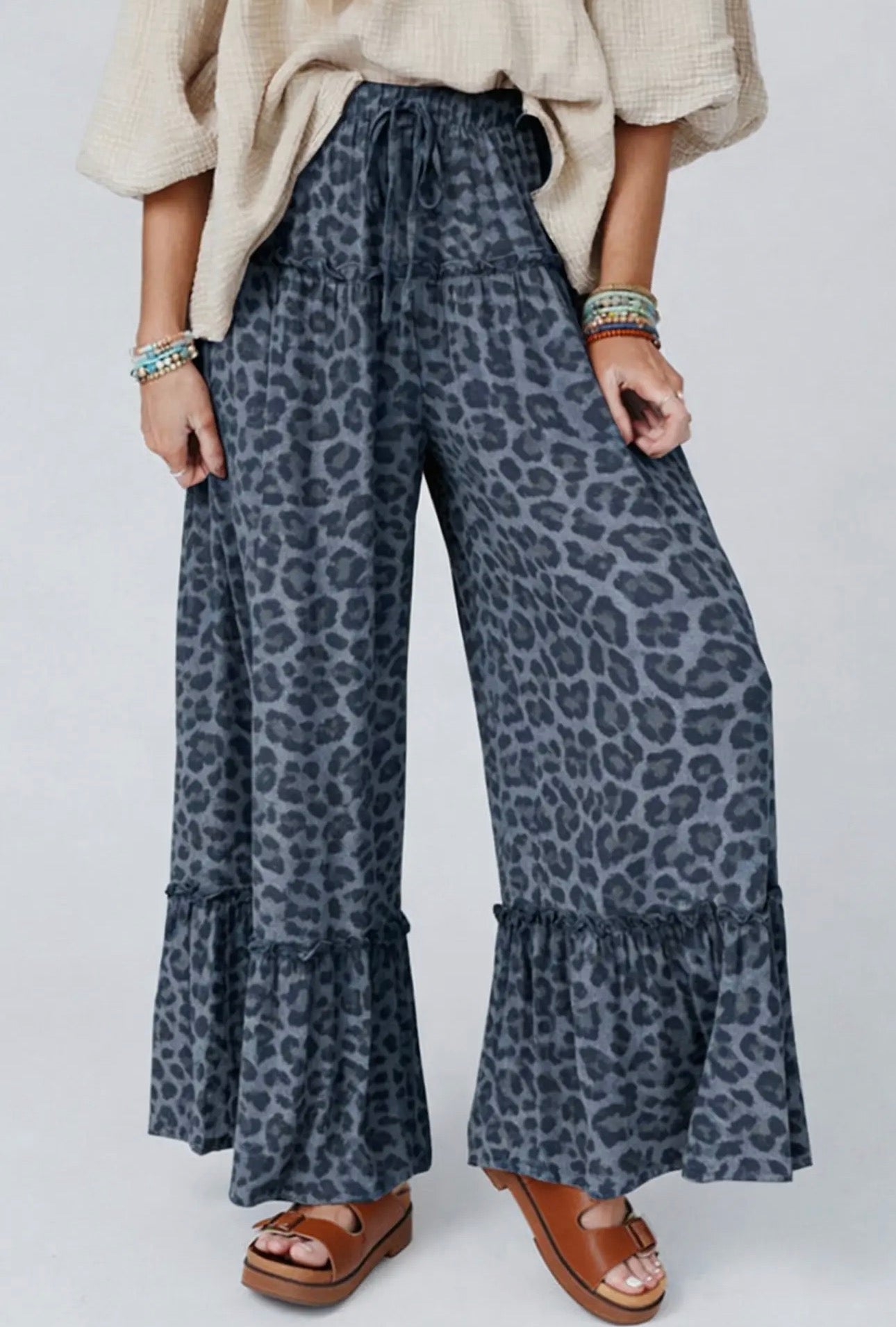 Wild Leopard Print Frilled Drawstring Wide Leg Pants (S-XL)
