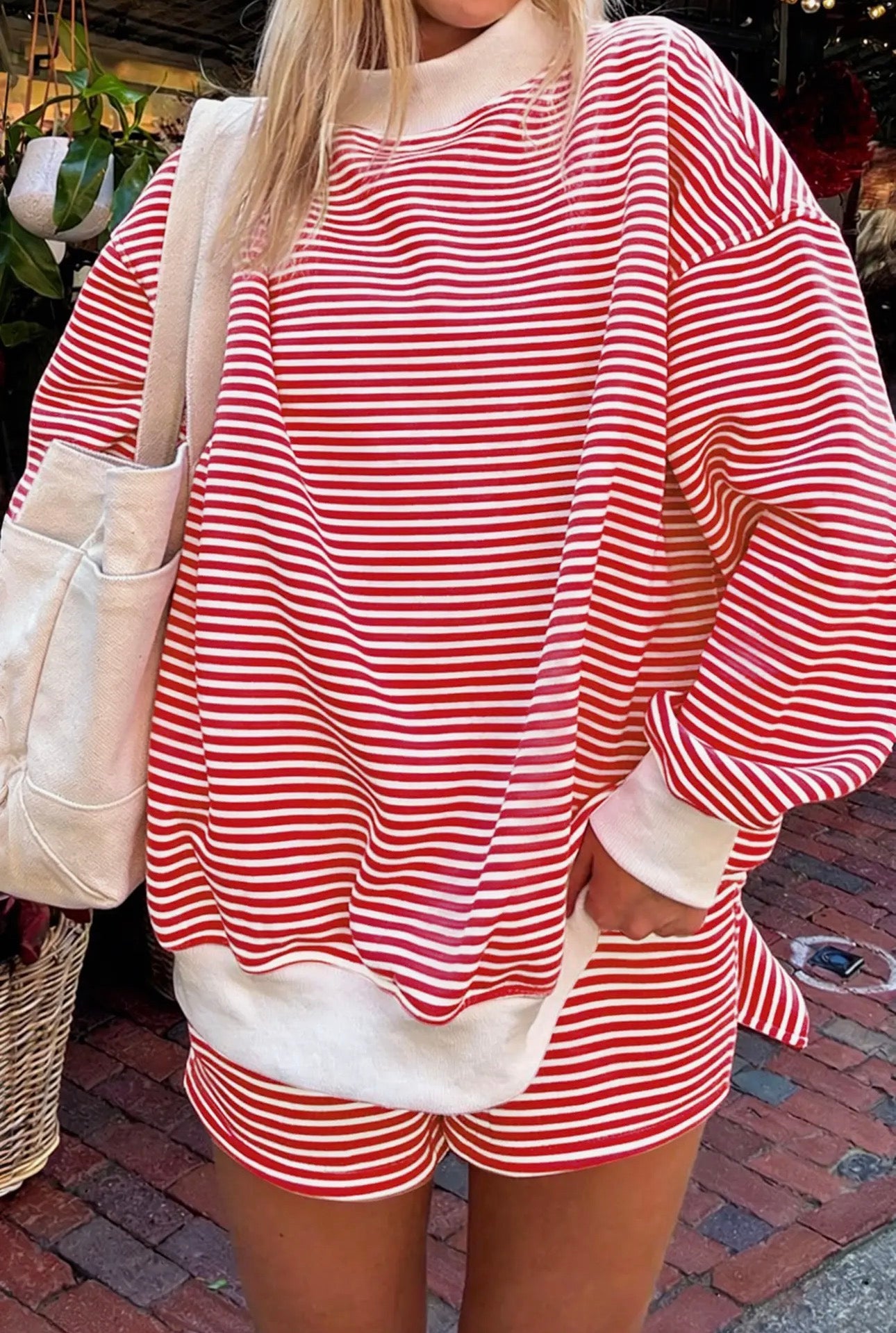 66Stripe Oversize Mock Neck Sweatshirt and Shorts Set (S-XL)