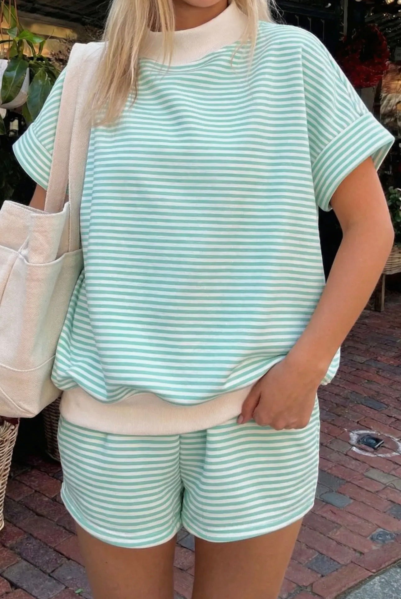 66Stripe Oversize Mock Neck Sweatshirt and Shorts Set (S-XL)