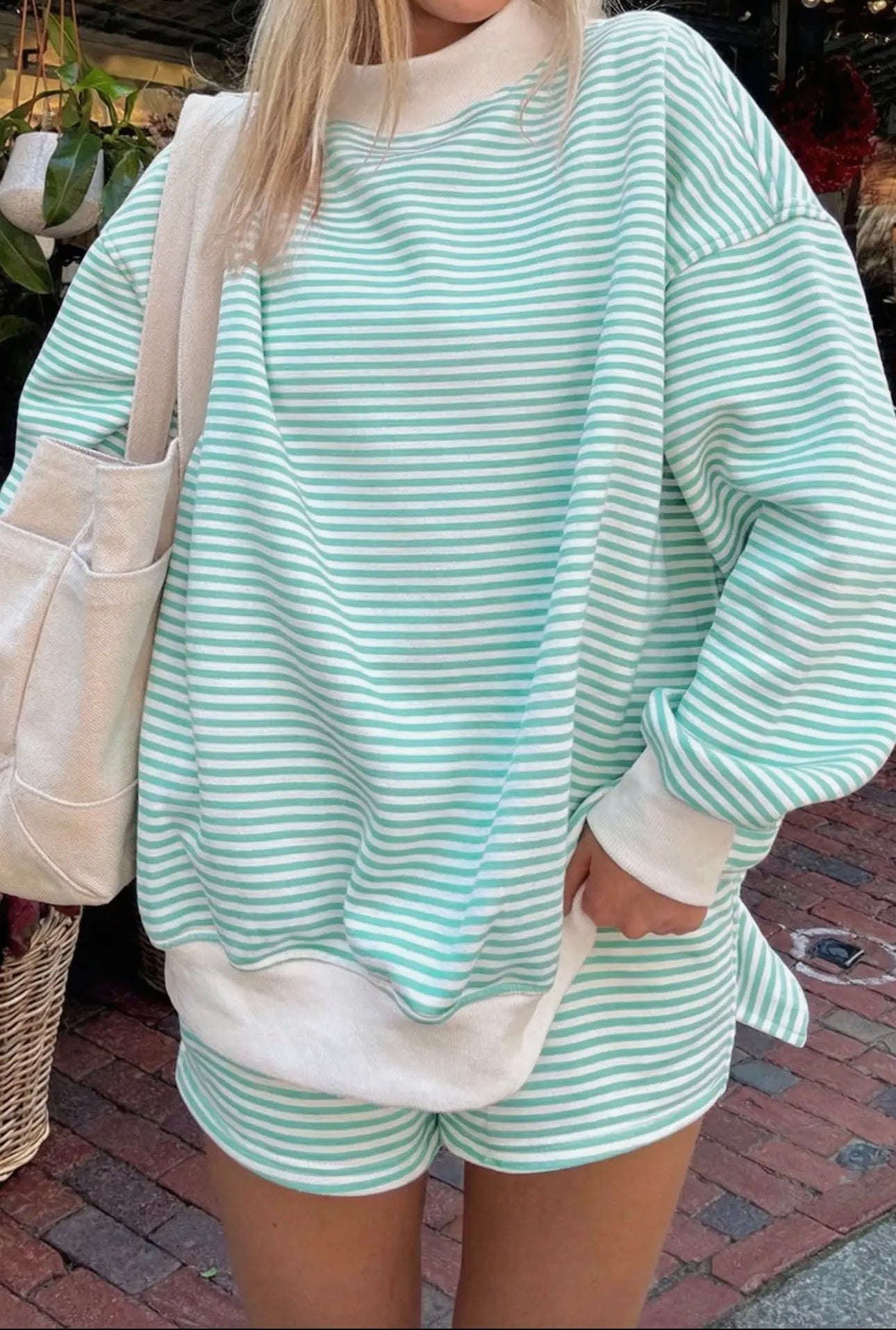 66Stripe Oversize Mock Neck Sweatshirt and Shorts Set (S-XL)