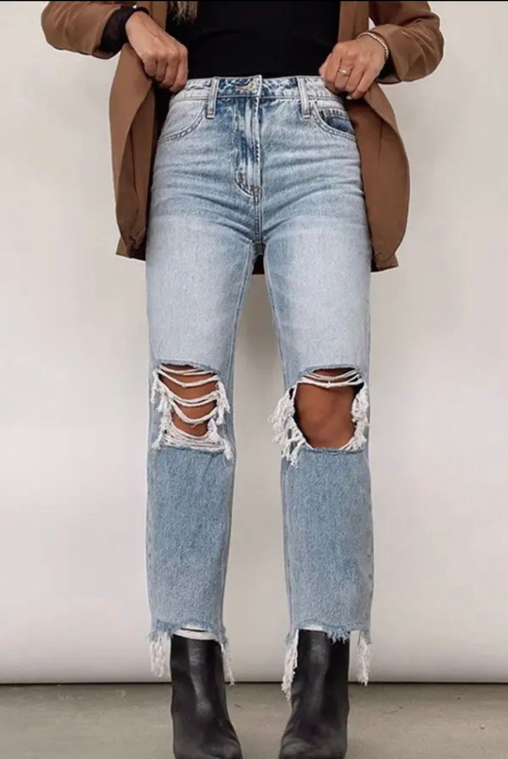 Distressed High-Waisted Straight Leg Jean