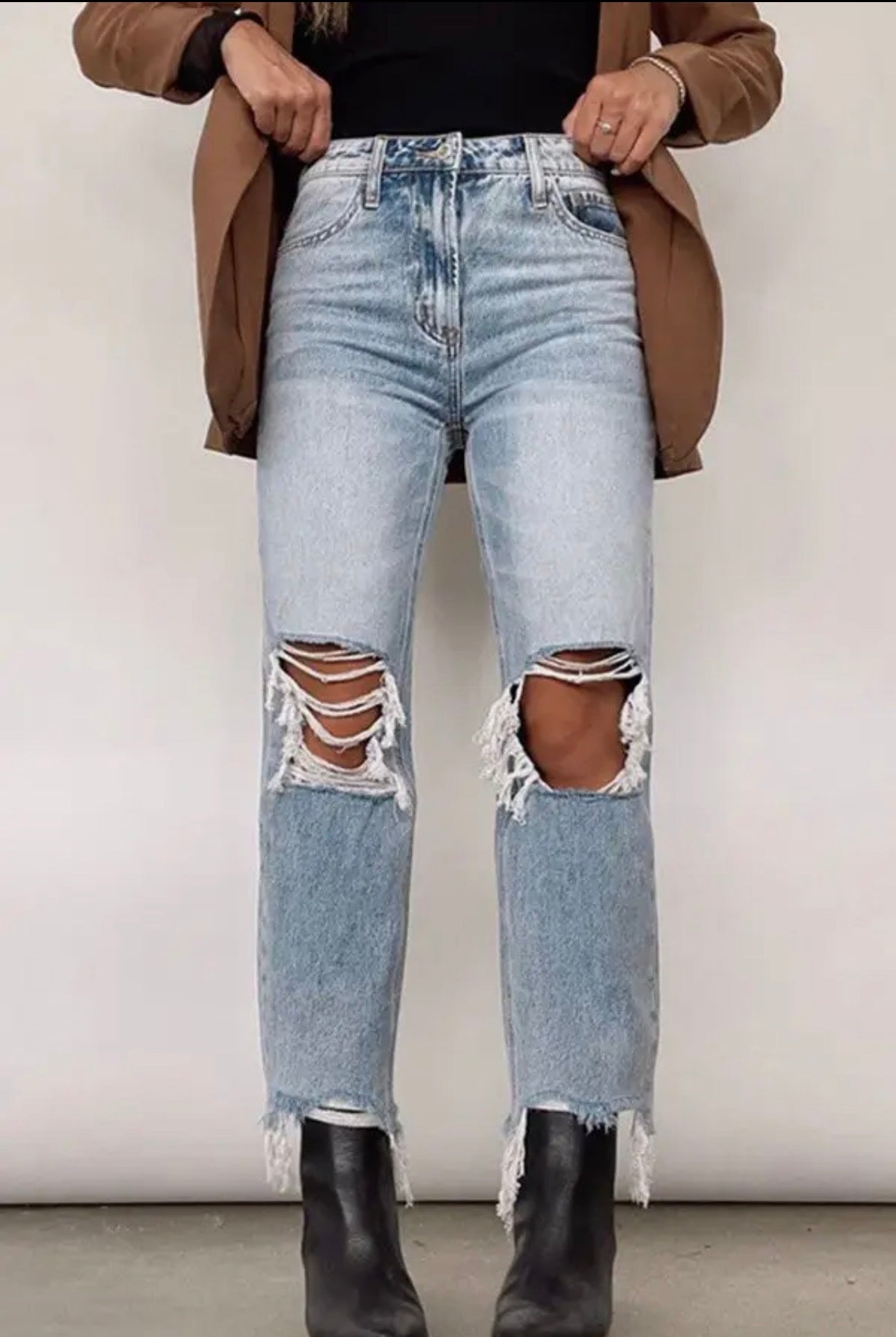 Distressed High-Waisted Straight Leg Jean