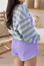Striped Long Sleeve Polo Top and Shorts Lounge Set