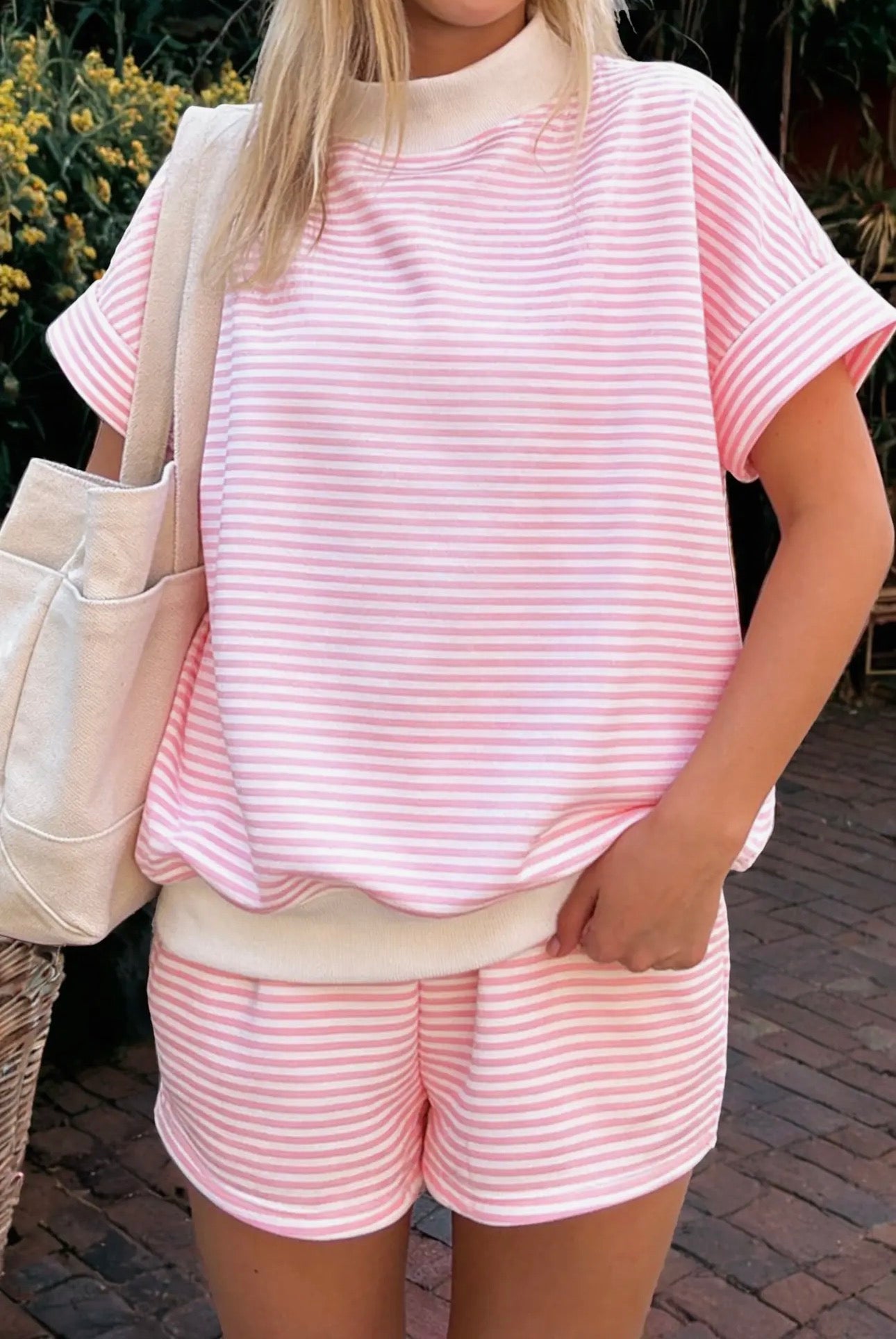 66Stripe Oversize Mock Neck Sweatshirt and Shorts Set (S-XL)