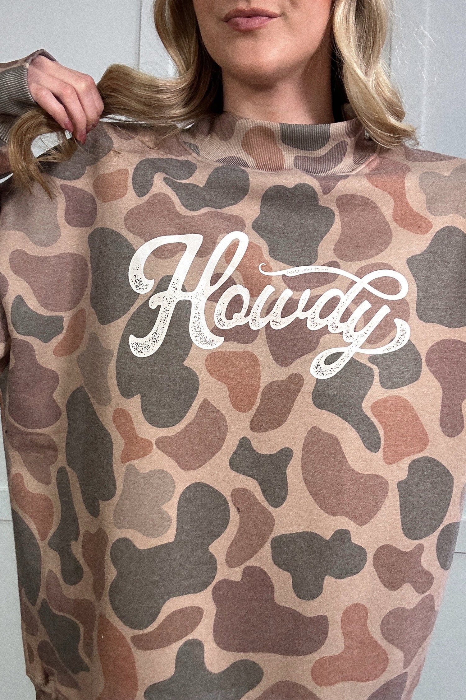 Camo Mock Neck Sweater | Howdy Letter Print