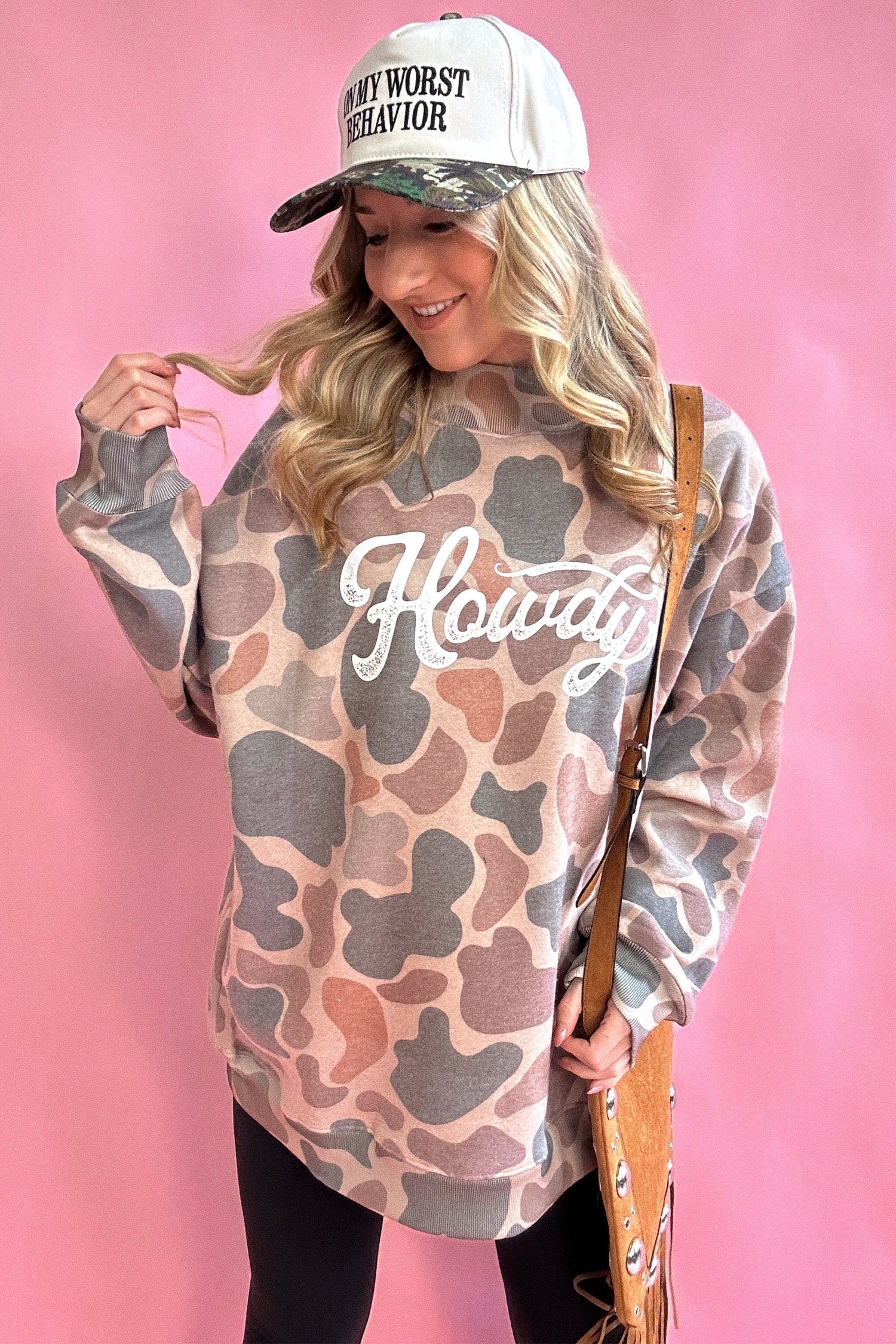 Camo Mock Neck Sweater | Howdy Letter Print