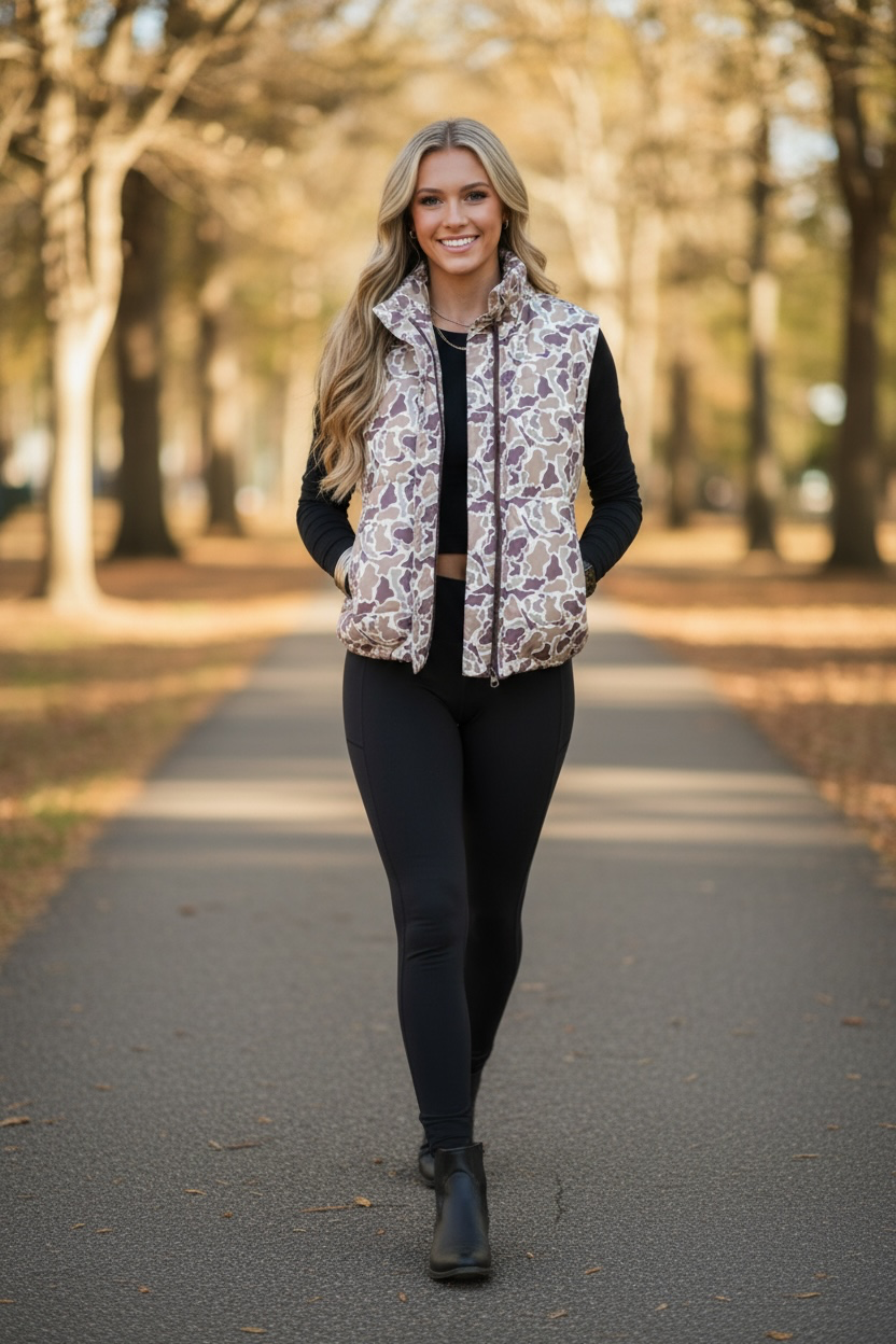 Multicolour Camouflage Puffer Zip-Up Stand Neck Sleeveless Vest
