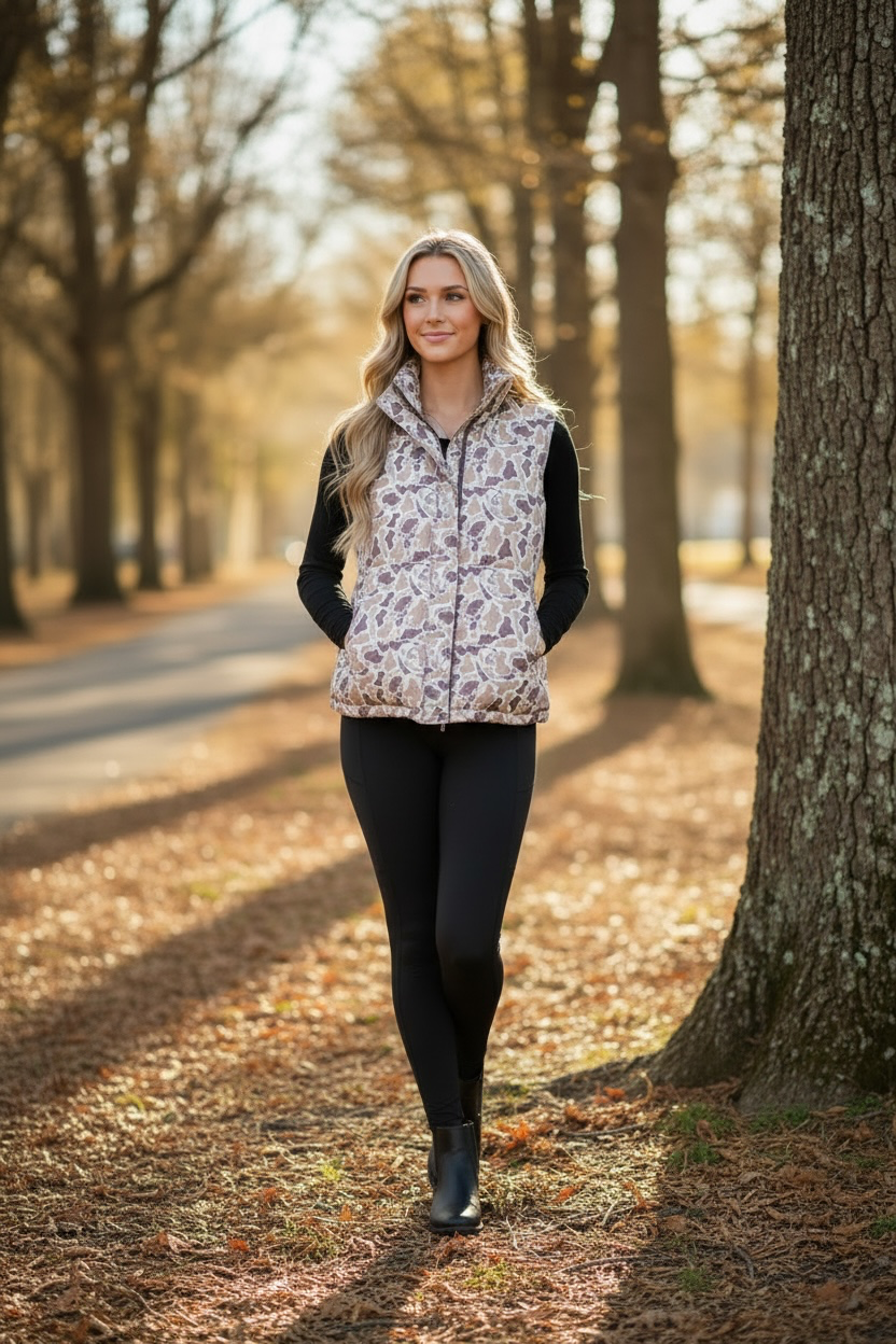 Multicolour Camouflage Puffer Zip-Up Stand Neck Sleeveless Vest