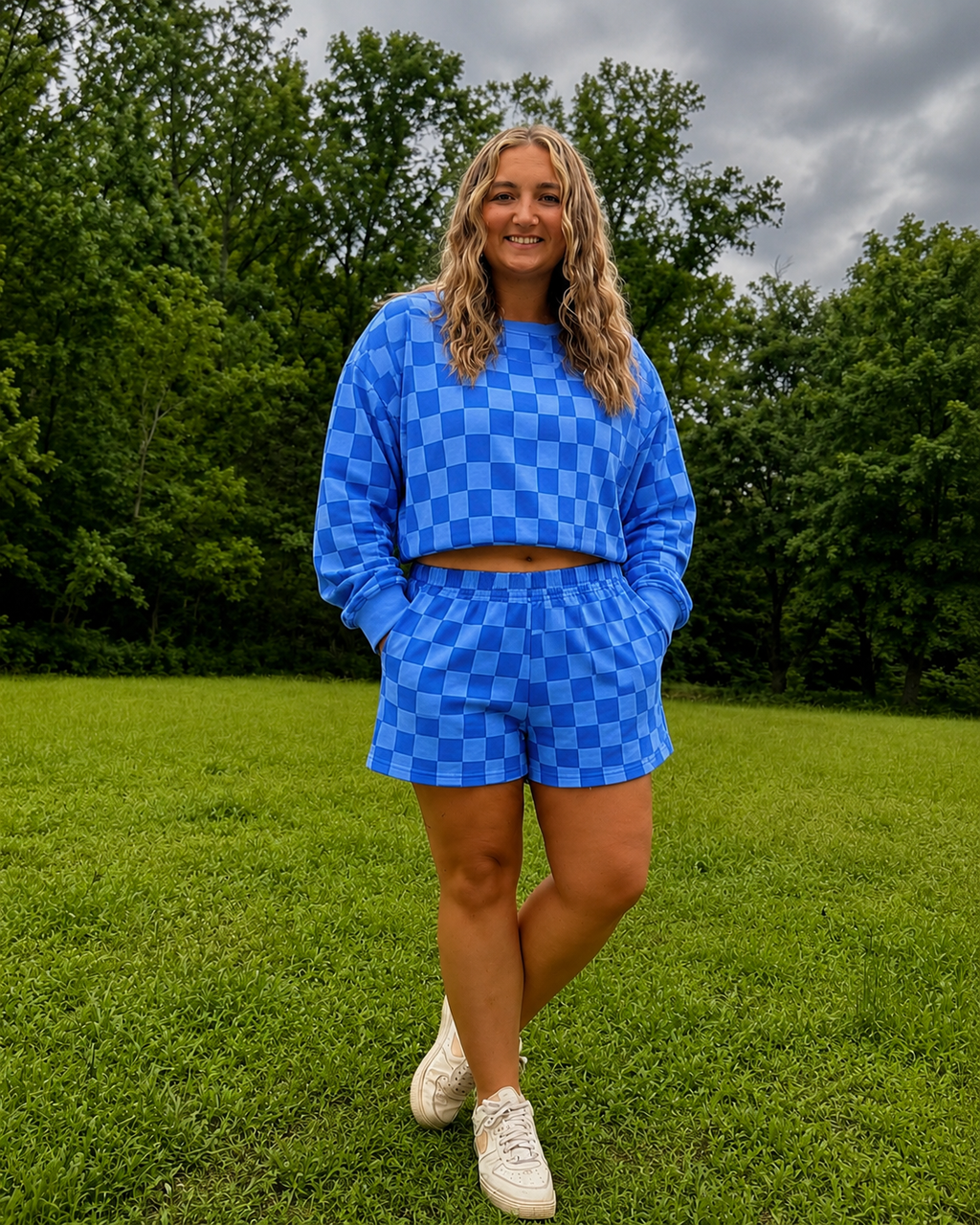 Pink Plaid Checkered Long Sleeve Crop Top & Elastic Waist Shorts Two Piece Set