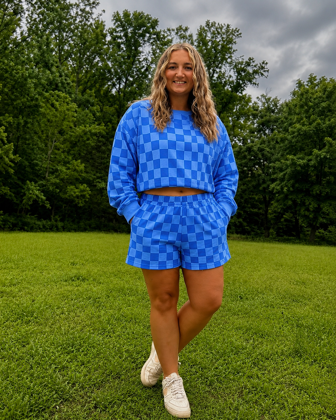 Pink Plaid Checkered Long Sleeve Crop Top & Elastic Waist Shorts Two Piece Set