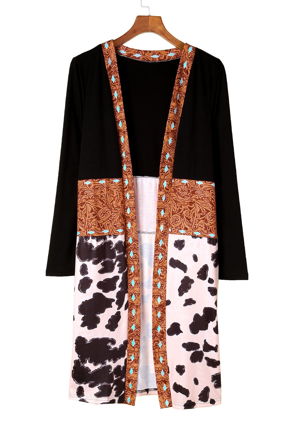 Black Western Cow Patchwork Open Front Cardigan