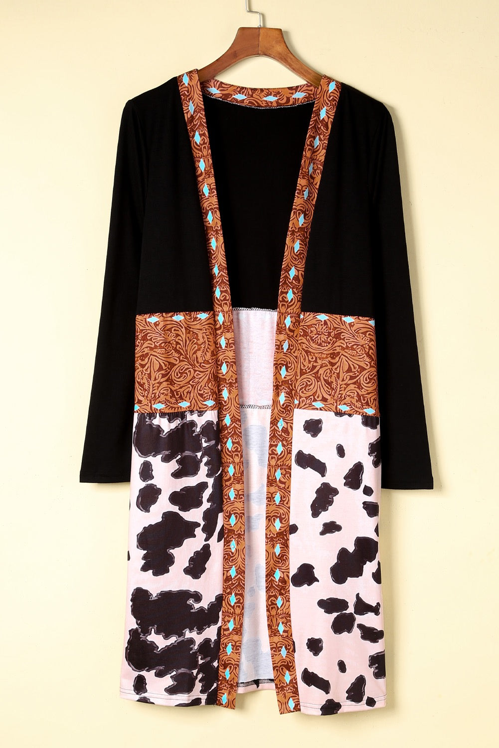 Black Western Cow Patchwork Open Front Cardigan