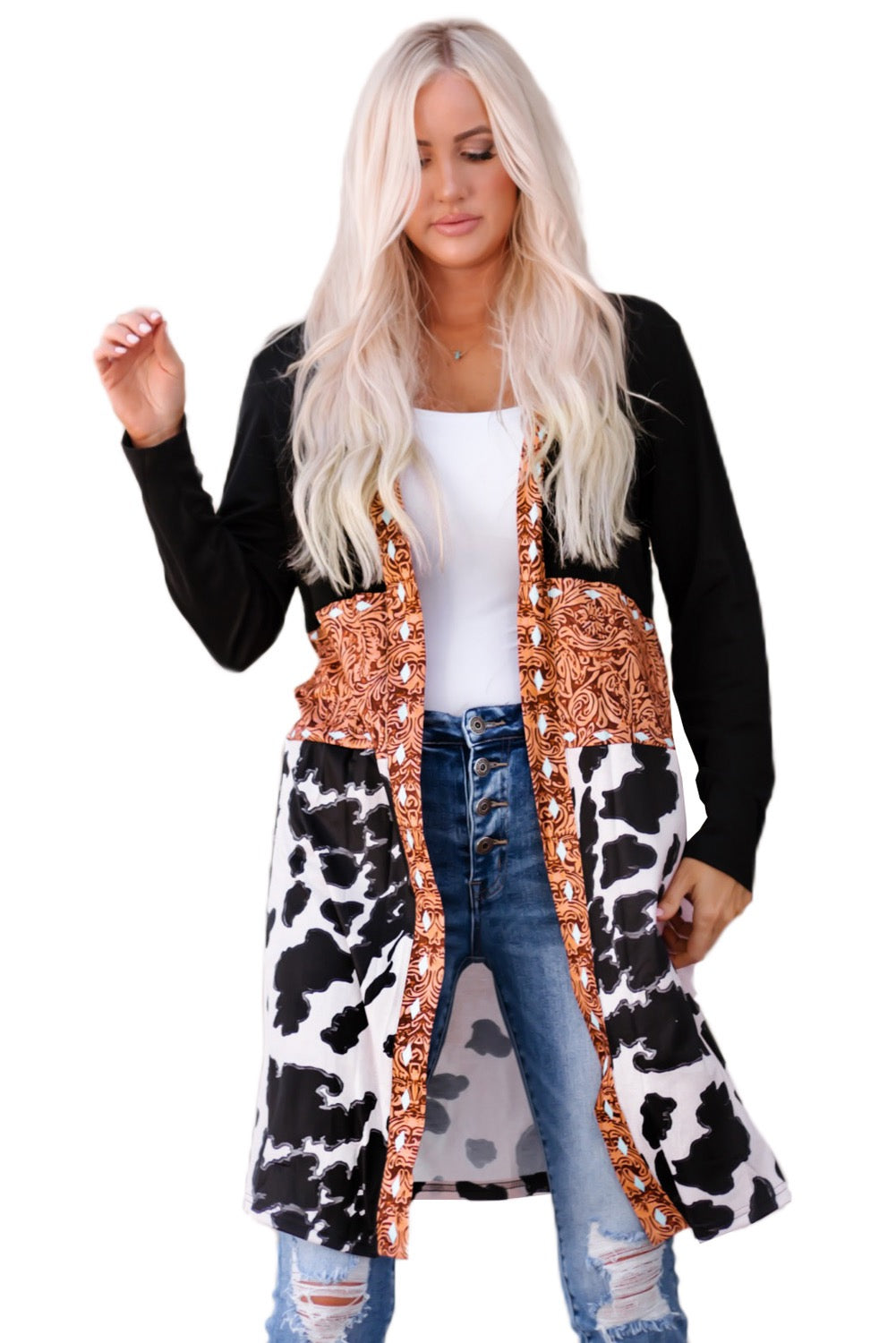 Black Western Cow Patchwork Open Front Cardigan