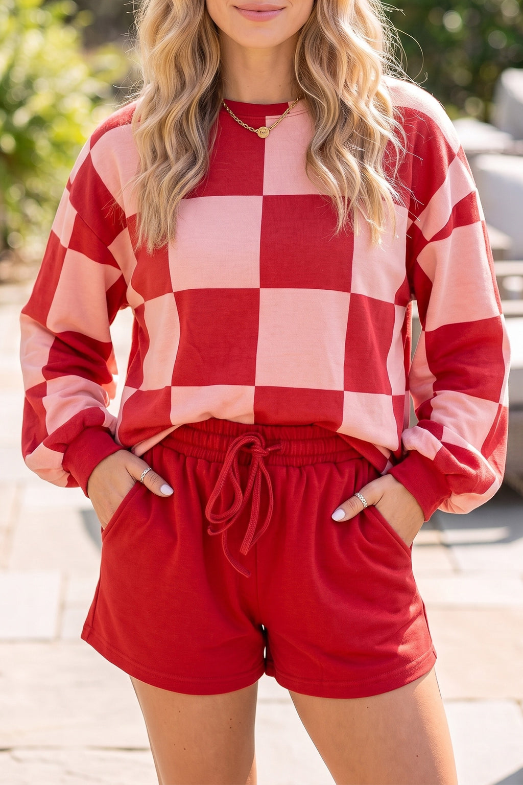Checkerboard Plaid Long Sleeve & Solid Color Shorts 2pcs Set