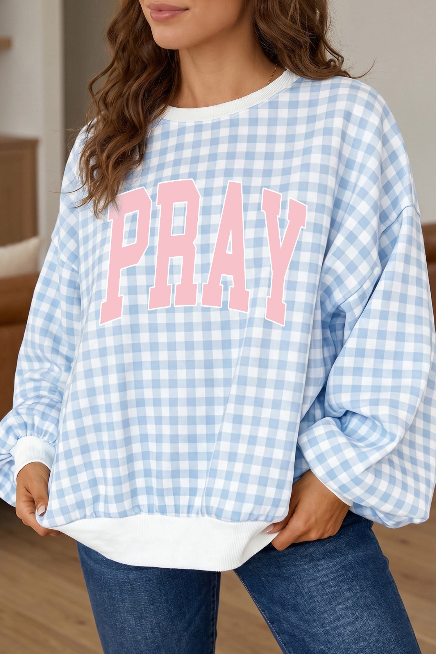 Light Blue PRAY Slogan Graphic Pullover Sweatshirt
