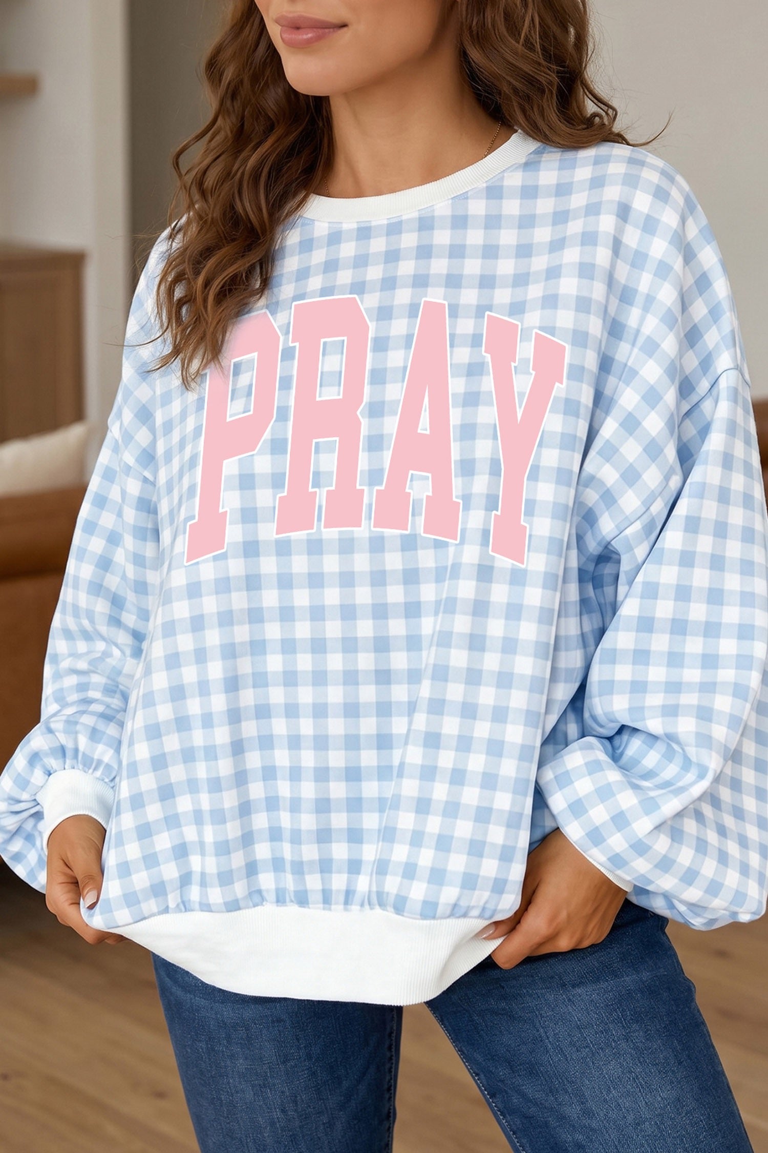 Light Blue PRAY Slogan Graphic Pullover Sweatshirt