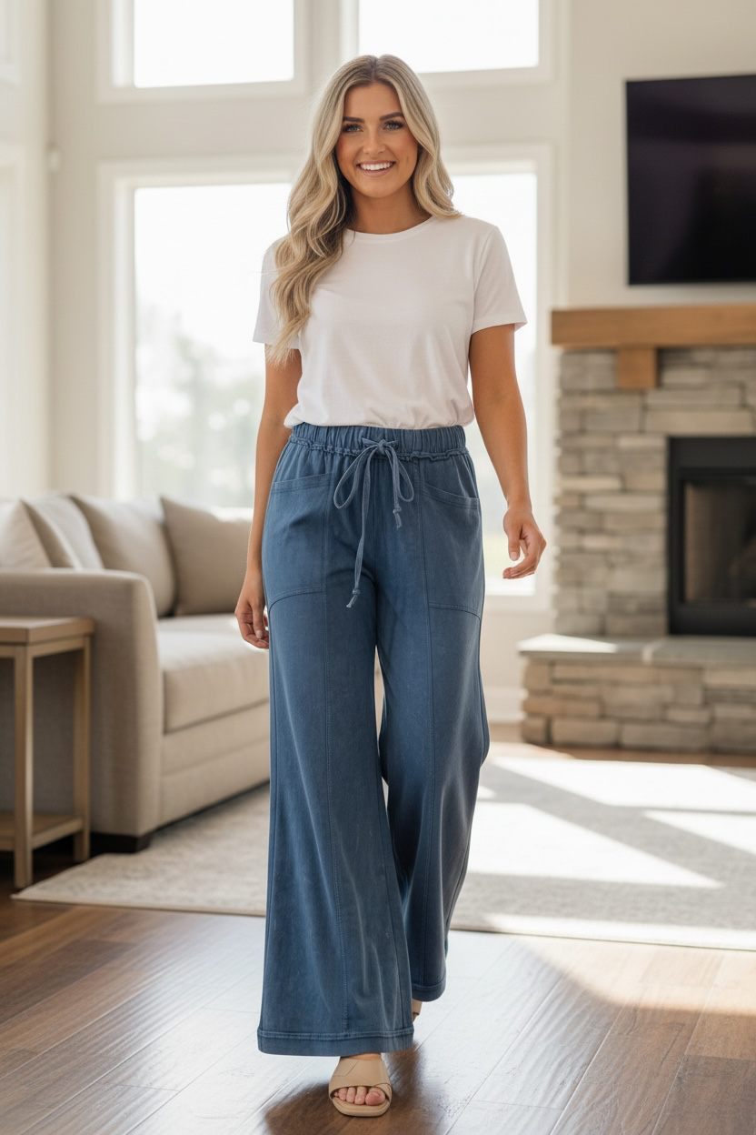Ashleigh Blue Mineral Wash Seam Detail Flare Leg Drawstring Pants