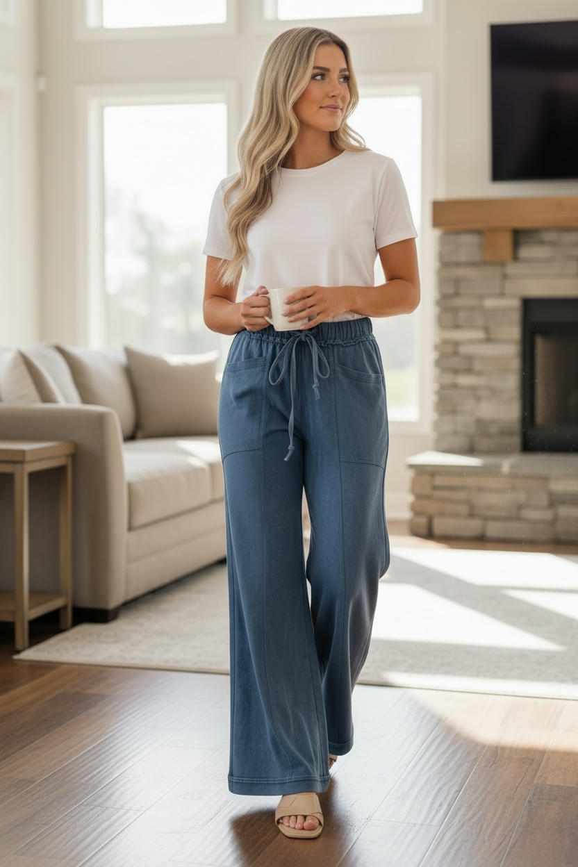 Ashleigh Blue Mineral Wash Seam Detail Flare Leg Drawstring Pants