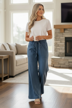 Ashleigh Blue Mineral Wash Seam Detail Flare Leg Drawstring Pants
