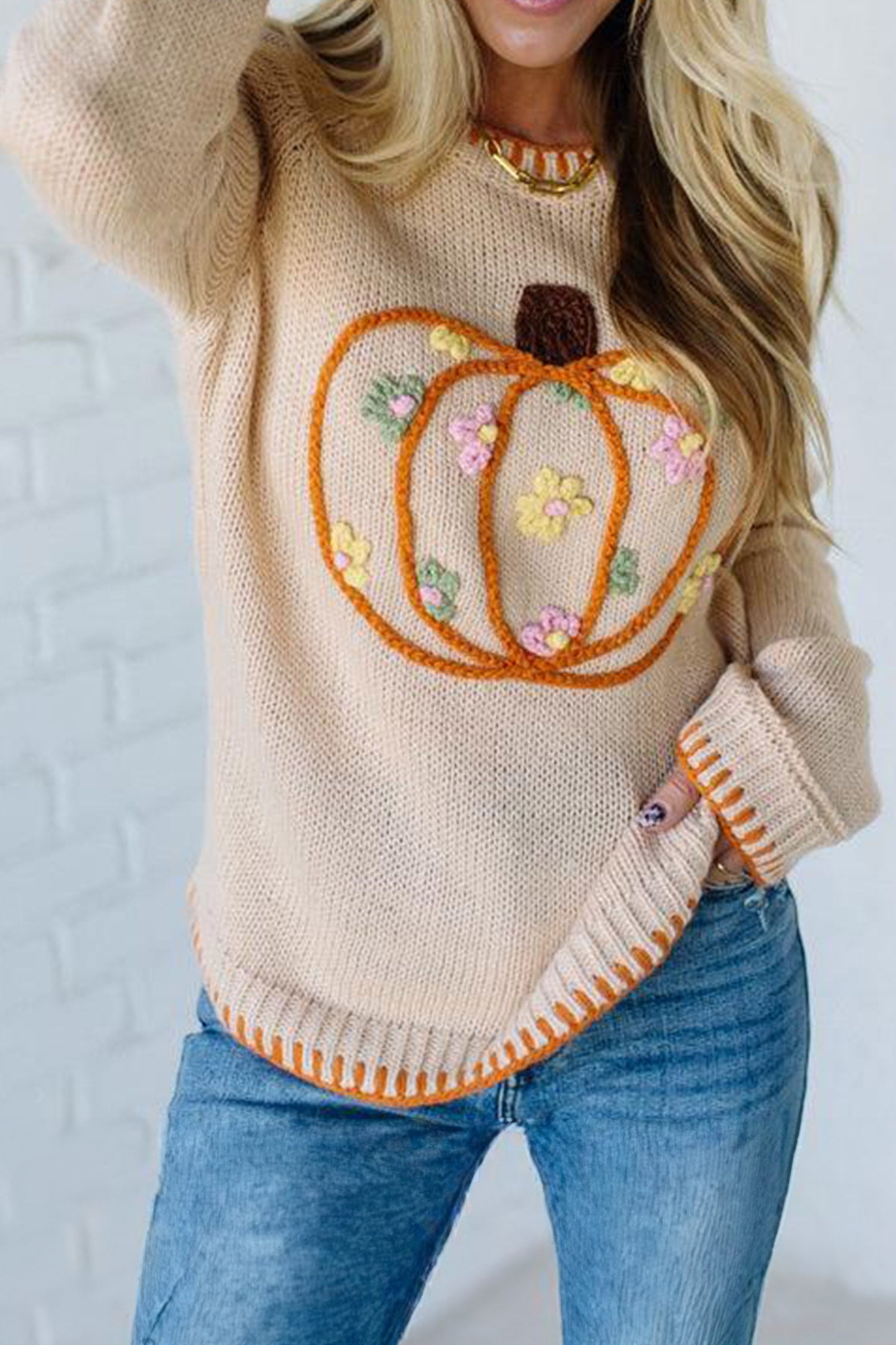Parchment Floral Embroidery Pumpkin Long Sleeve Round Neck Sweater