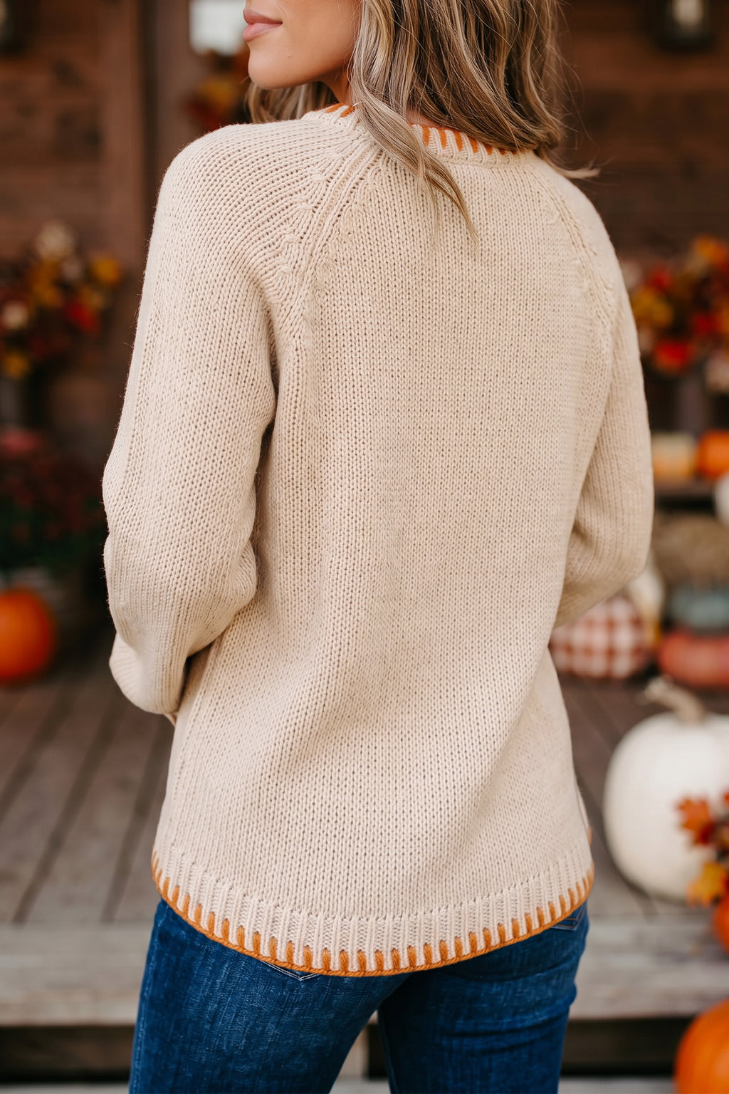 Parchment Floral Embroidery Pumpkin Long Sleeve Round Neck Sweater