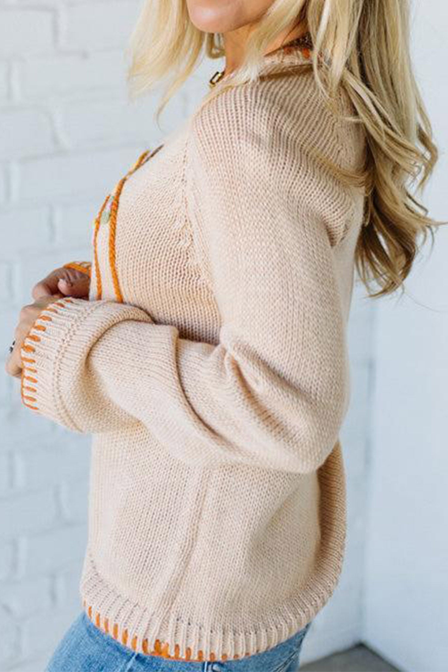 Parchment Floral Embroidery Pumpkin Long Sleeve Round Neck Sweater
