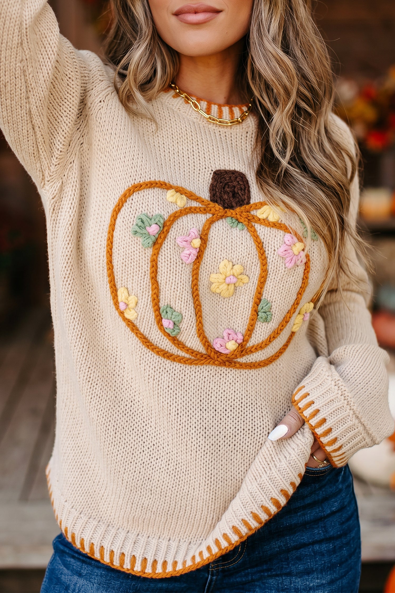 Parchment Floral Embroidery Pumpkin Long Sleeve Round Neck Sweater