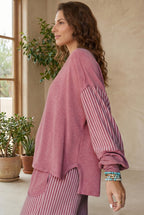 Fushia Rae Edge Patchwork Long Sleeve Top Pocket Casual Pants 2pcs Set