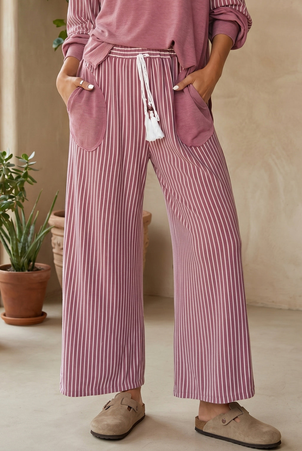 Fushia Rae Edge Patchwork Long Sleeve Top Pocket Casual Pants 2pcs Set