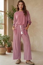 Fushia Rae Edge Patchwork Long Sleeve Top Pocket Casual Pants 2pcs Set