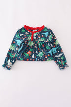 Green dinosaur print ruffle gown