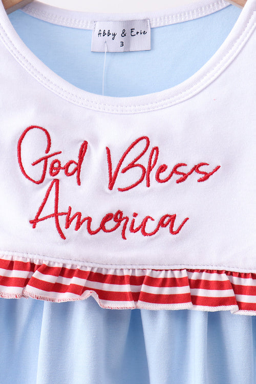 Blue god bless America flag french knot ruffle shorts set
