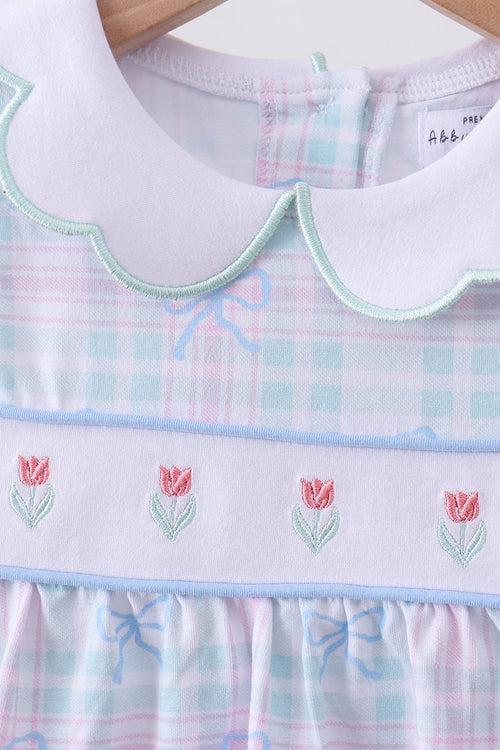 Blue plaid bow floral pants set
