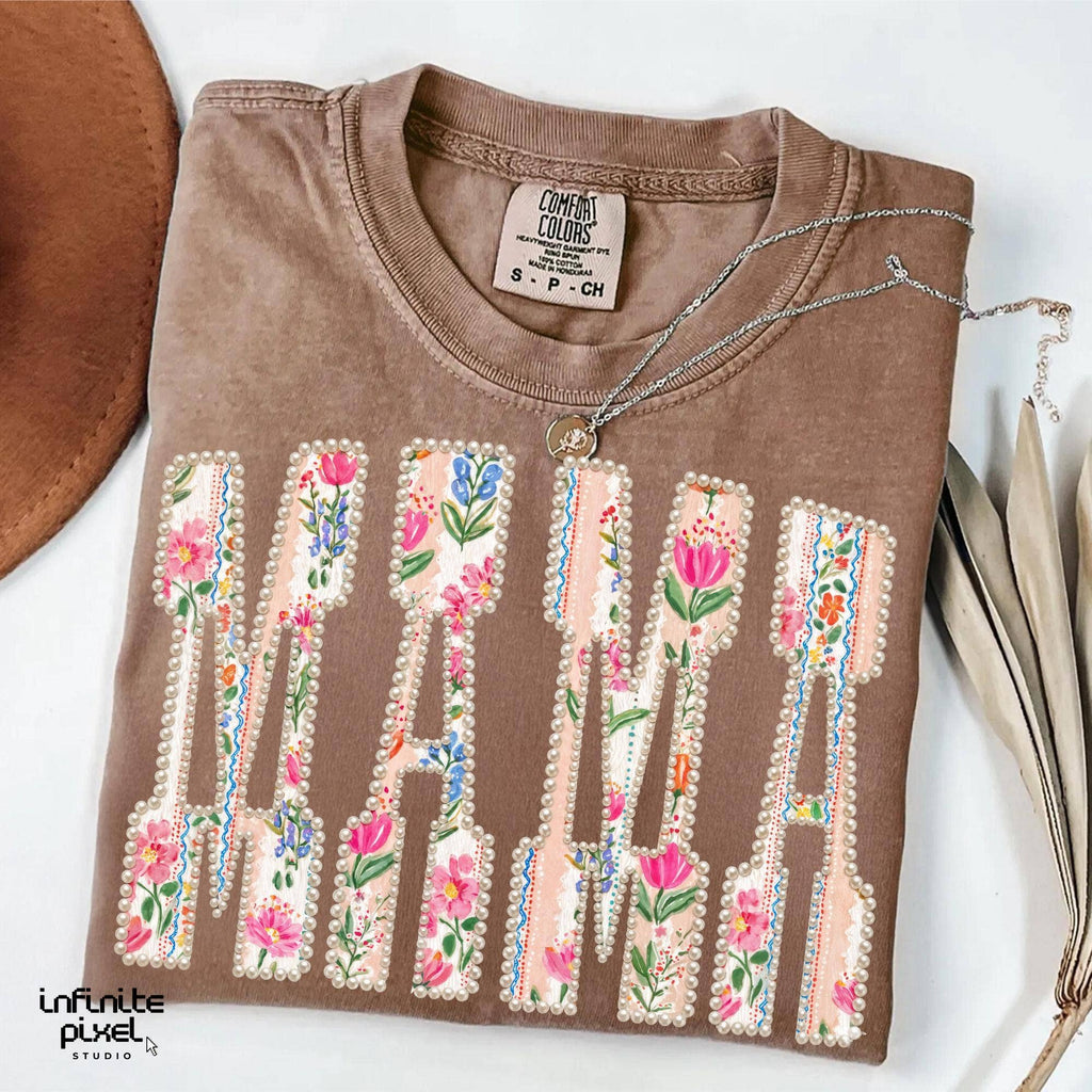 Comfort Color Mama Floral Faux Pearl Shirt, Varsity Mom Tee