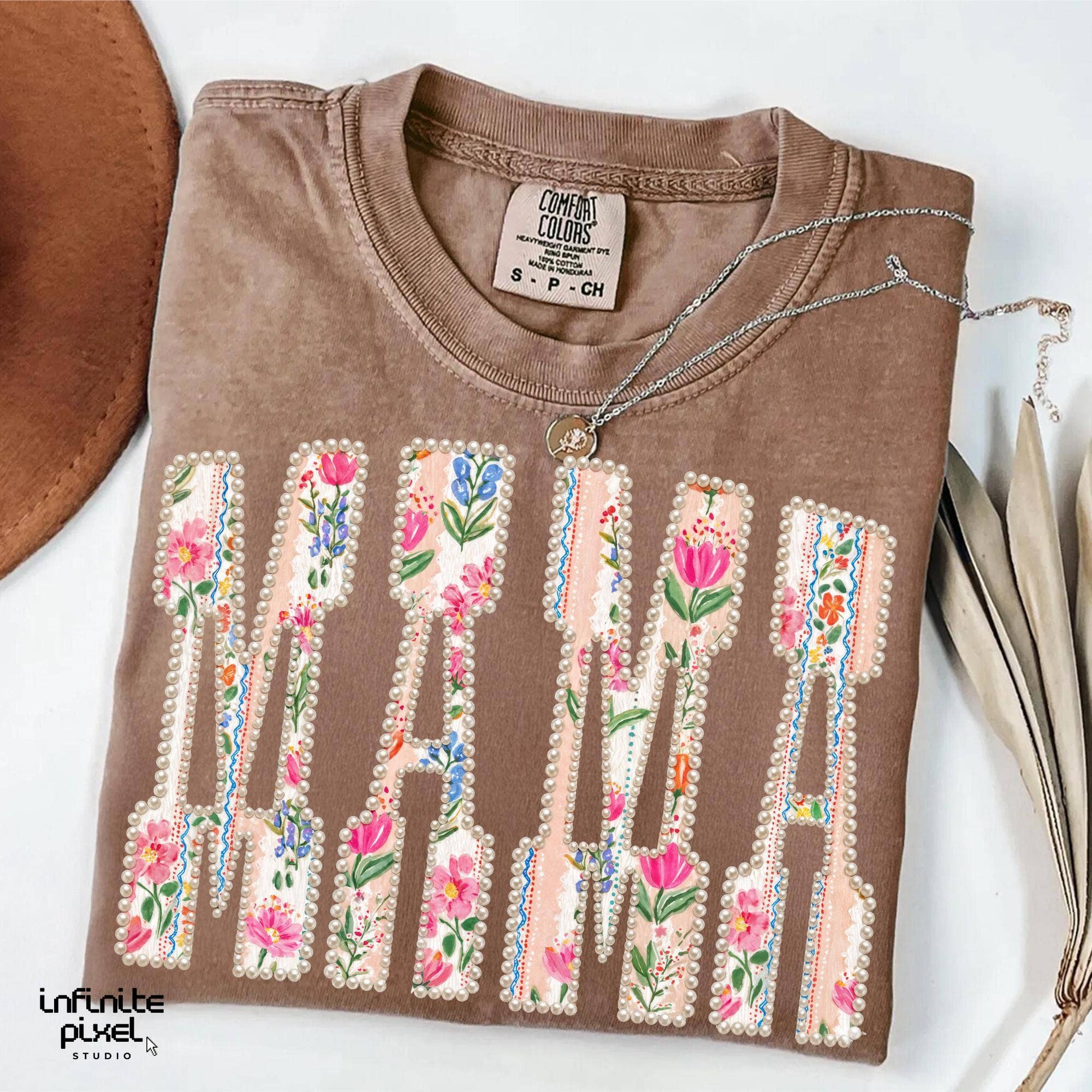 Comfort Color Mama Floral Faux Pearl Shirt, Varsity Mom Tee