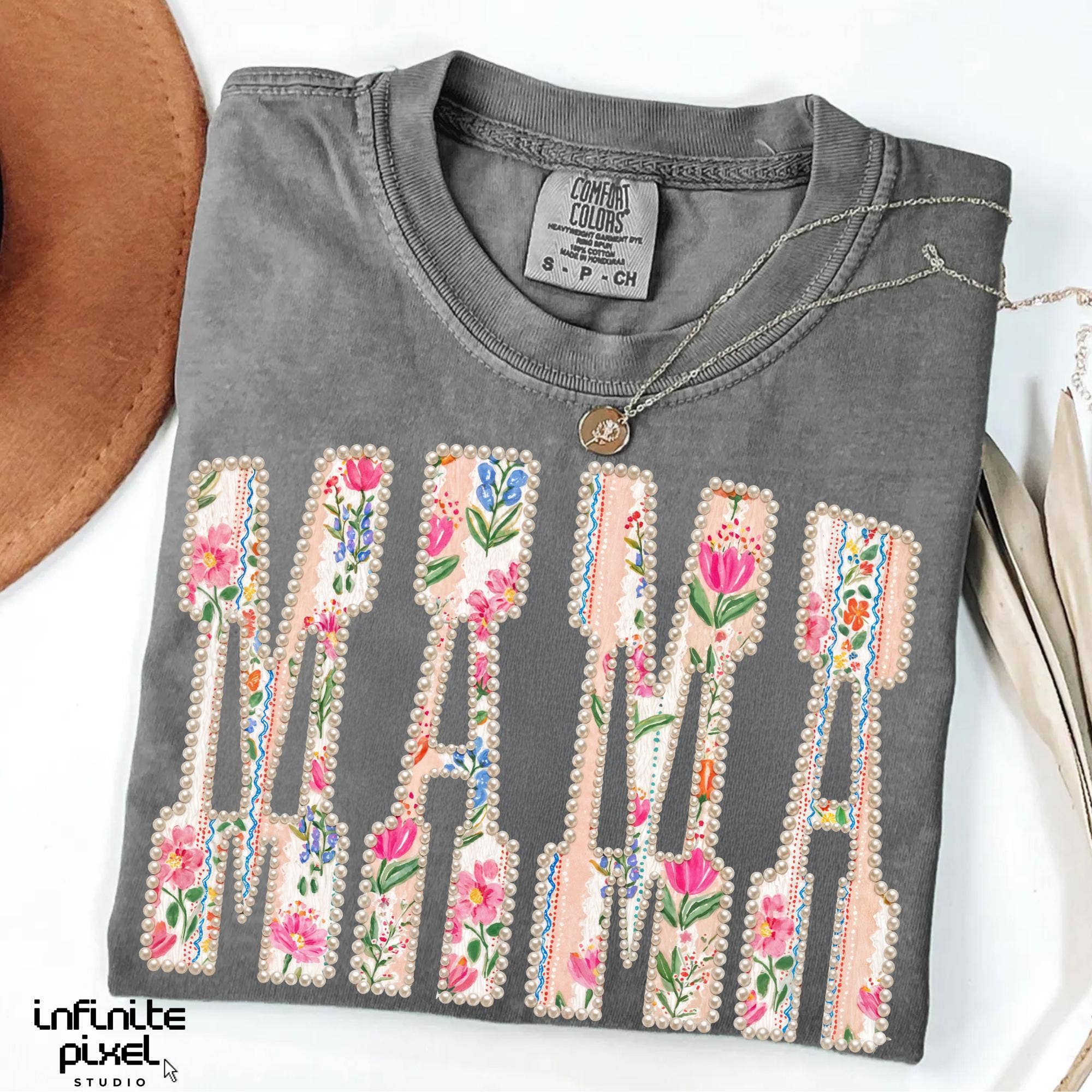Comfort Color Mama Floral Faux Pearl Shirt, Varsity Mom Tee