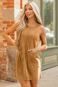 Corduroy Sleeveless Mini Dress with Patched Pockets