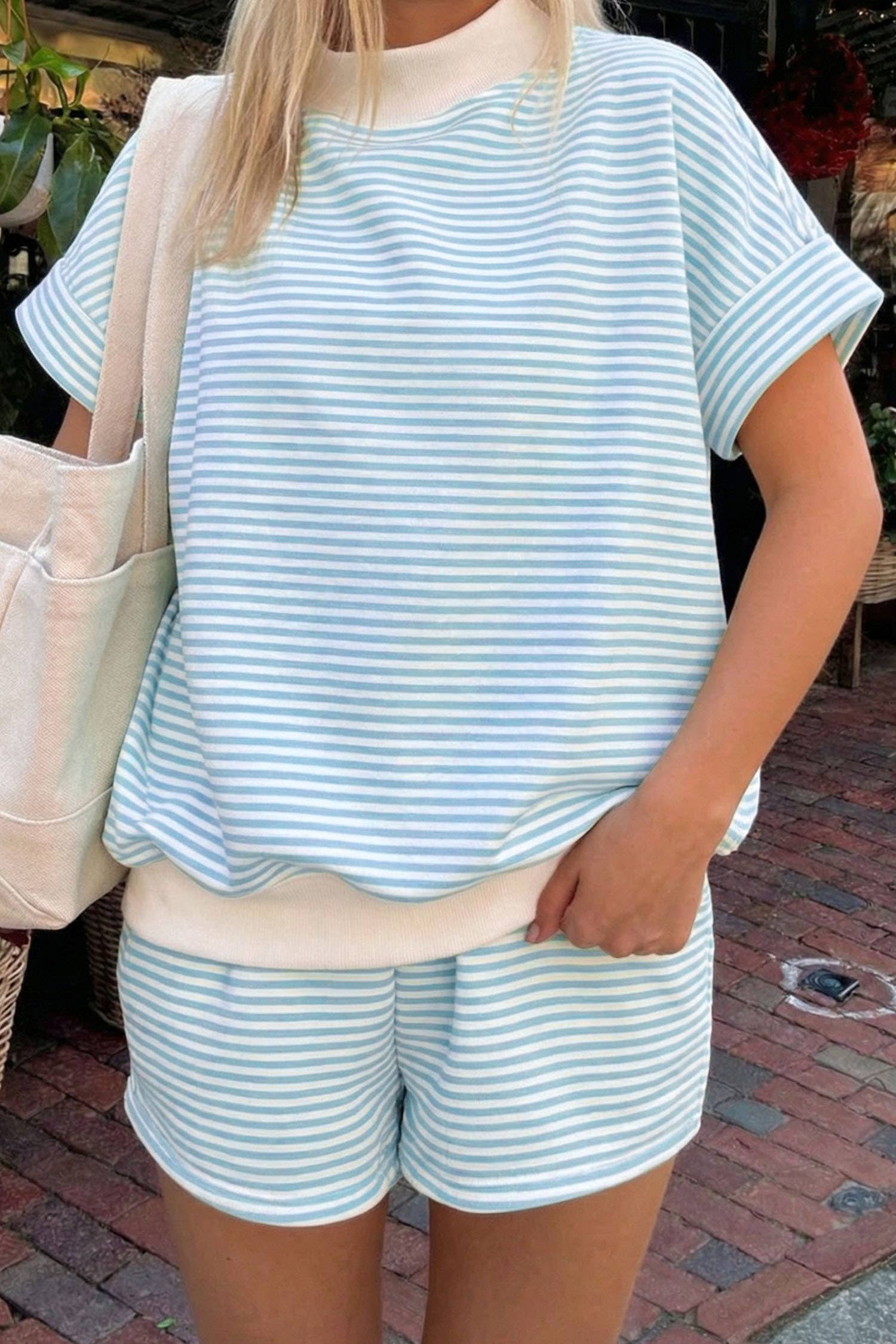 66Stripe Oversize Mock Neck Sweatshirt and Shorts Set (S-XL)