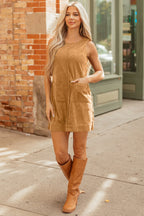 Corduroy Sleeveless Mini Dress with Patched Pockets