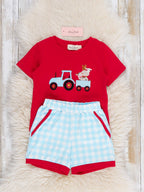 Little Tractor Helper Embroidered Plaid Outfit