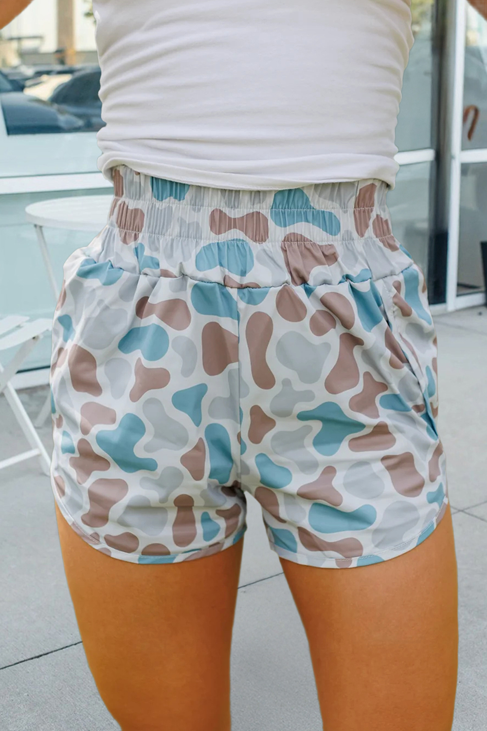 Plus Camo Print Shirred High Waist Athleisure Shorts (S-4X)