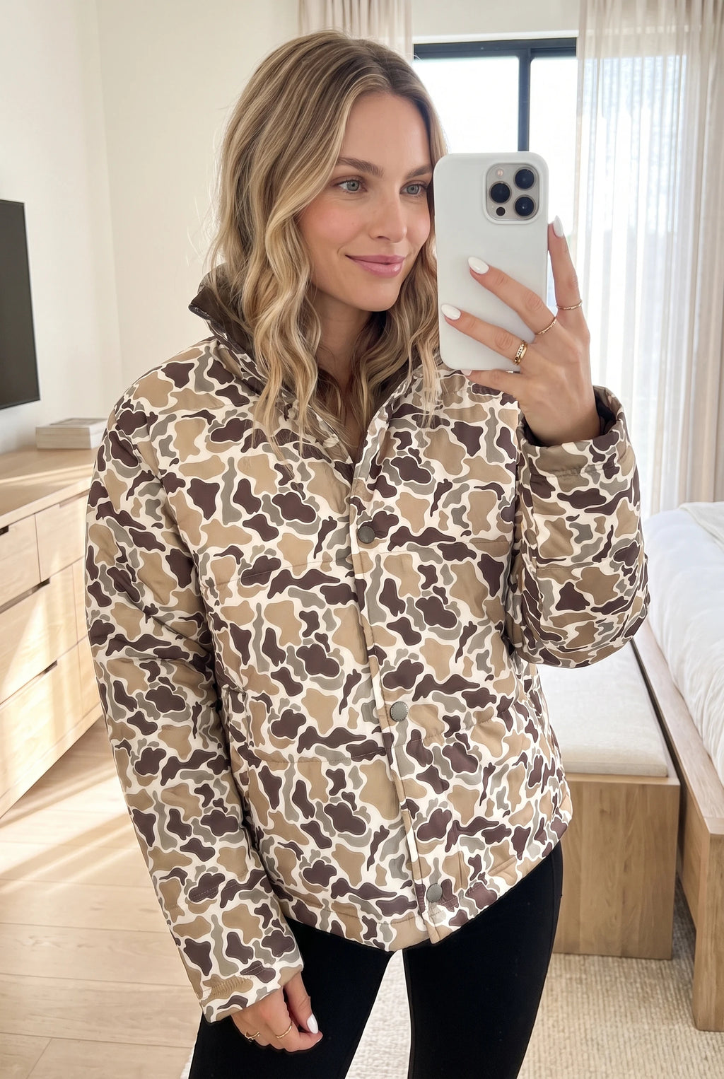 Multicolour Camouflage Quilted Metal Button Collar Long Sleeve Puffer Coat