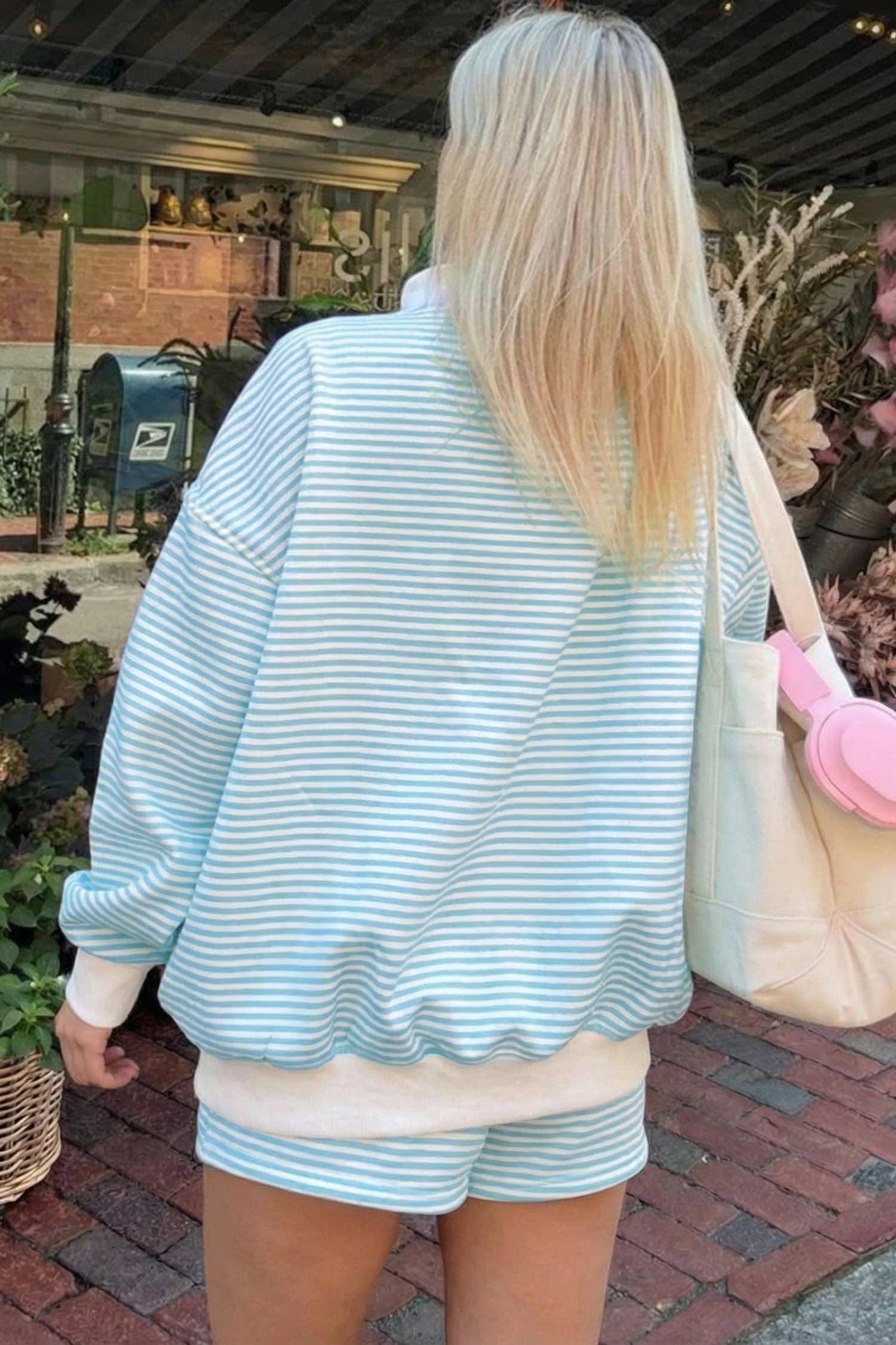 66Stripe Oversize Mock Neck Sweatshirt and Shorts Set (S-XL)