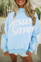 Mist Blue Jesus Saves Slogan Print Stand Neck Baggy Sweatshirt