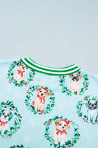 Sky Blue Abstract Dog Print Ribbed Cuff Sweatshirt