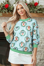 Sky Blue Abstract Dog Print Ribbed Cuff Sweatshirt